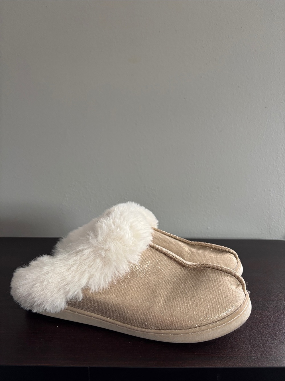 LC Lauren Conrad Metallic Gold Slippers with Plush White Trim